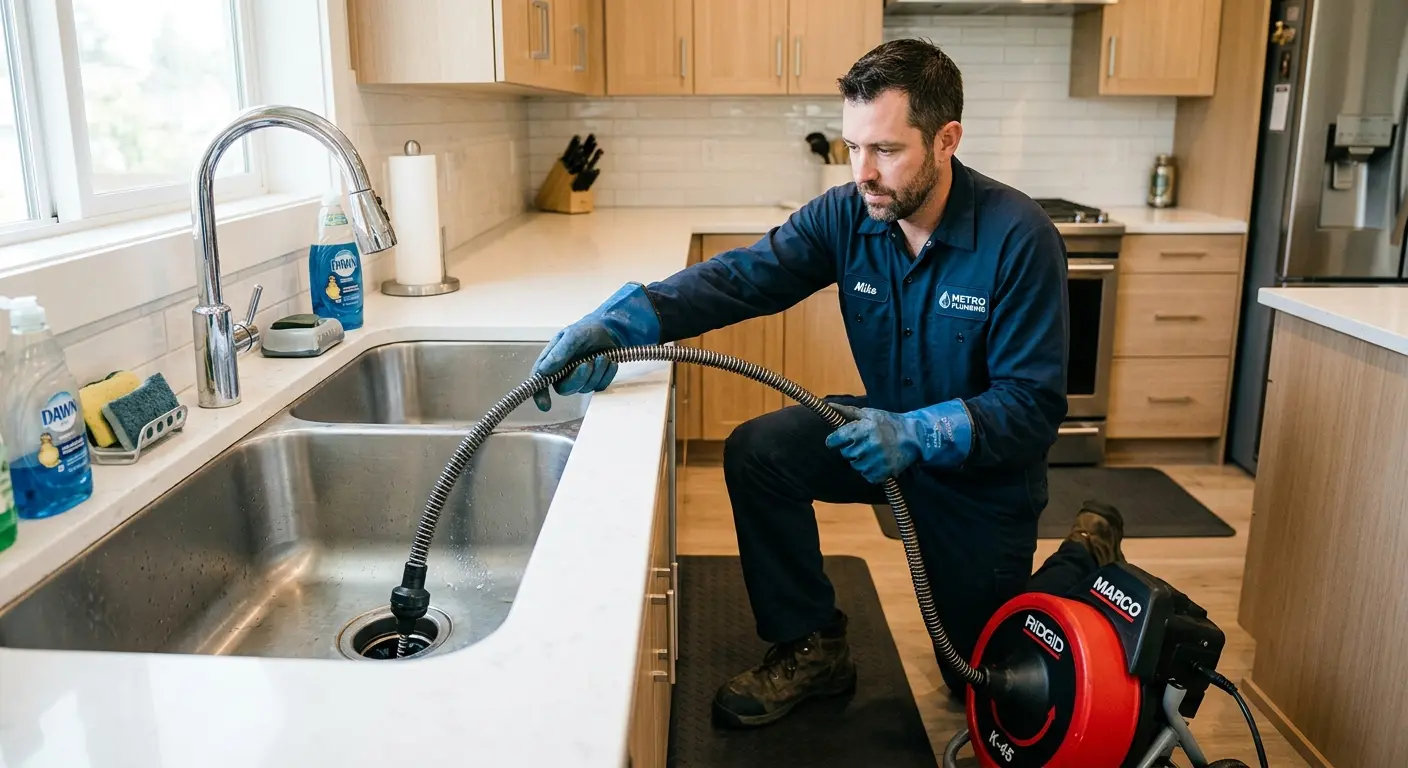 Drain cleaning technician using a motorized snake on a kitchen sink in Grants Pass