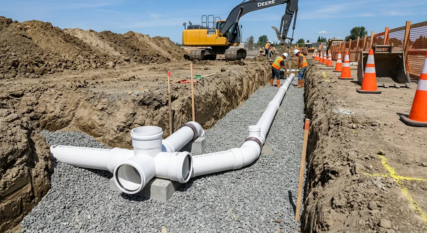 New PVC sewer pipe installation in open trench for Sewer Backup in Grants Pass