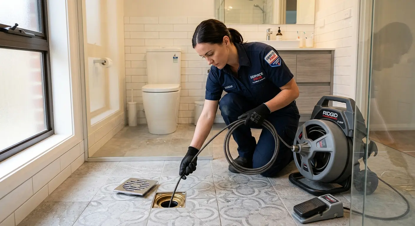 Technician clearing a bathroom floor drain for Drain Cleaning in Grants Pass